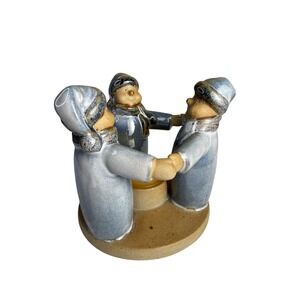 Vintage Ring Of 3 Sleepy Snowmen Holding Hands Christmas Candle Glazed Stoneware